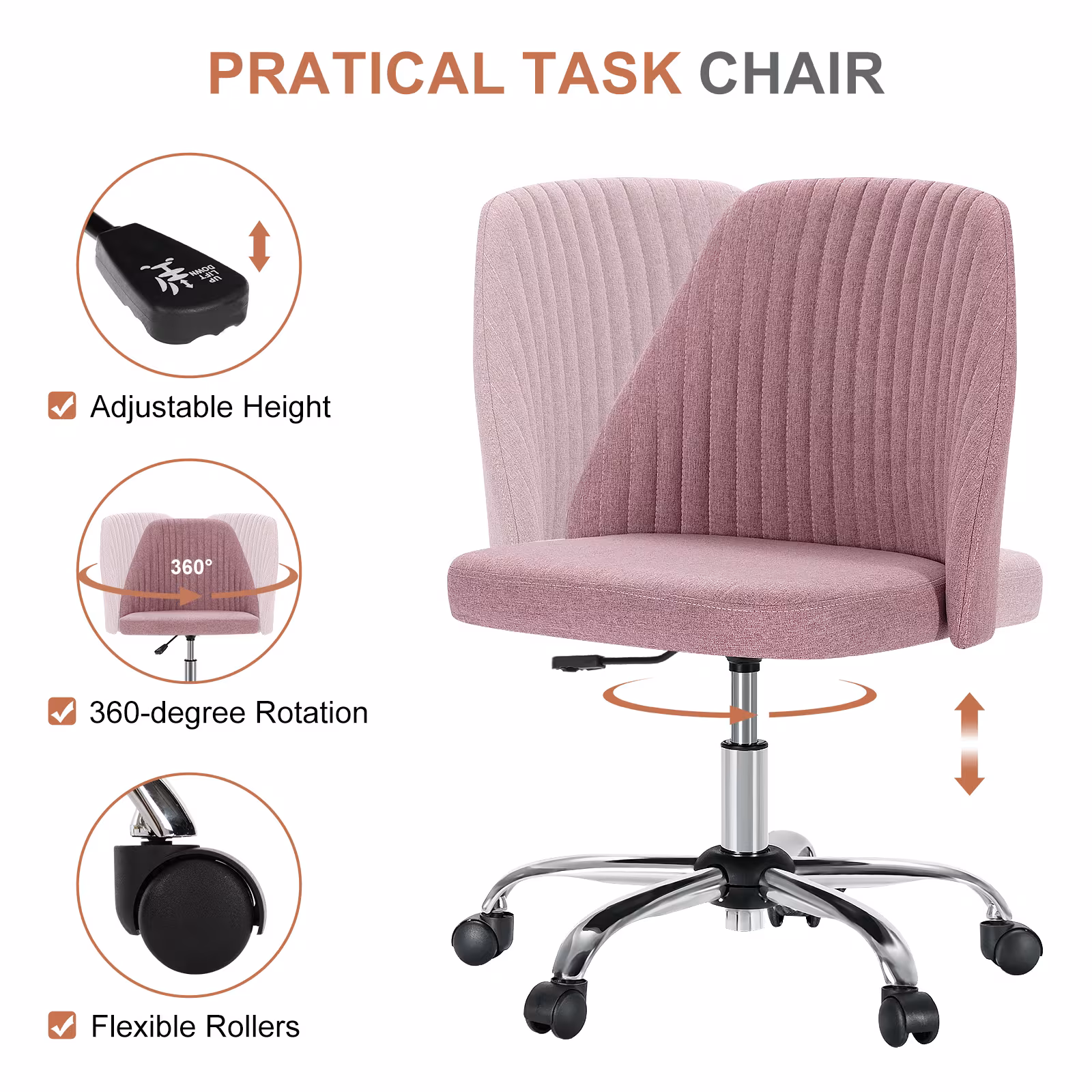 Modern Fabric Armless Adjustable Swivel Office Desk Chairs With Wheels
