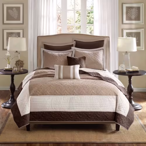 7 Piece Quilt Set With Euro Shams And Throw Pillows Beige King Cal King