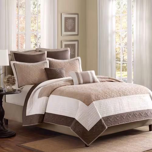7 Piece Quilt Set With Euro Shams And Throw Pillows Beige King Cal King