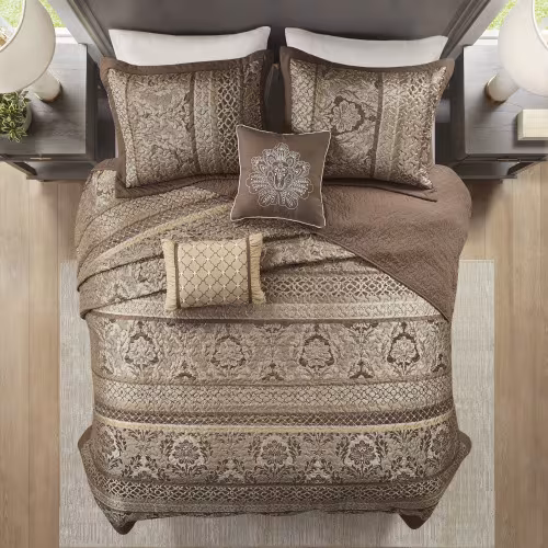 5 Piece Reversible Jacquard Bedspread Set Brown Gold Queen
