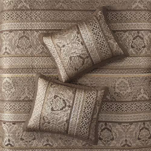 5 Piece Reversible Jacquard Bedspread Set Brown Gold Queen