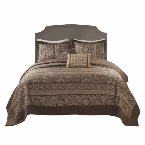 5 Piece Reversible Jacquard Bedspread Set Brown Gold King