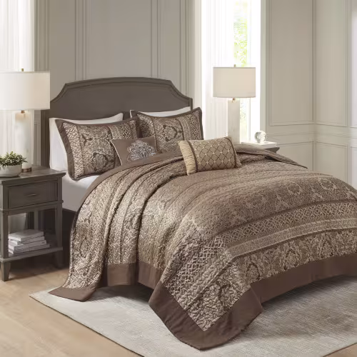 5 Piece Reversible Jacquard Bedspread Set Brown Gold King