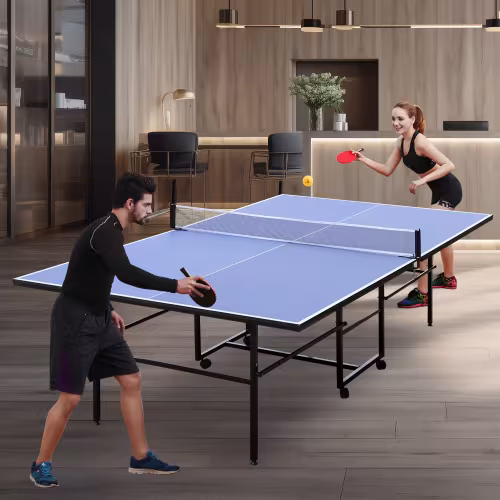 9ft Mid-Size Table Tennis Table Foldable & Portable Ping Pong Table Set For Indoor Games With Net, 2 Table Tennis Paddles And 3 Balls