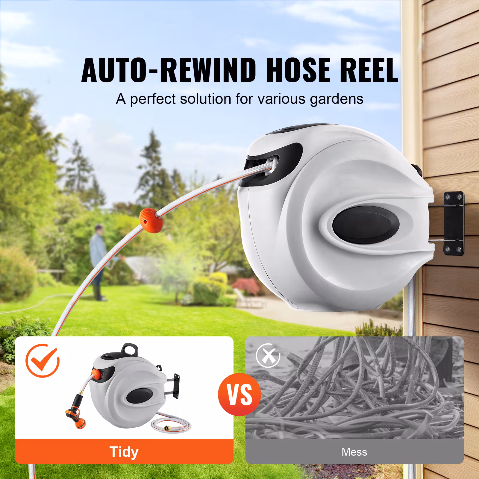 VEVOR Retractable Hose Reel Water Hose Reel Swivel Wall-Mounted