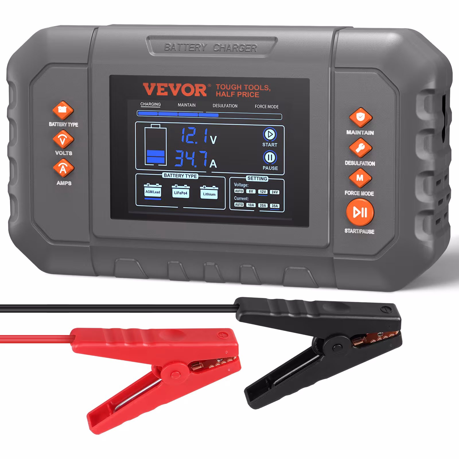 VEVOR Smart Battery Charger, 35-Amp, Lithium LiFePO4 Lead-Acid Car Battery Charger With LCD Display, Trickle Charger Maintainer Desulfator For Boat Motorcycle Lawn Mower Deep Cycle