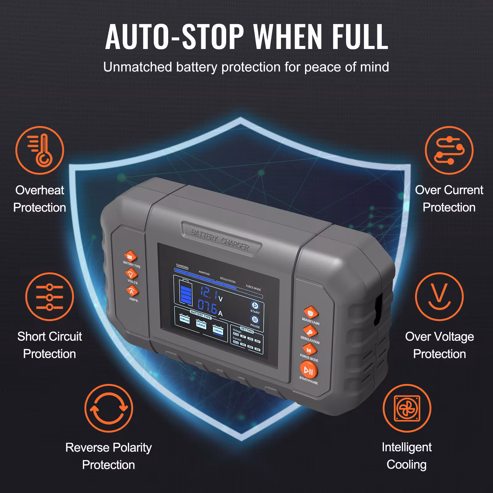 VEVOR Smart Battery Charger, 35-Amp, Lithium LiFePO4 Lead-Acid Car Battery Charger With LCD Display, Trickle Charger Maintainer Desulfator For Boat Motorcycle Lawn Mower Deep Cycle