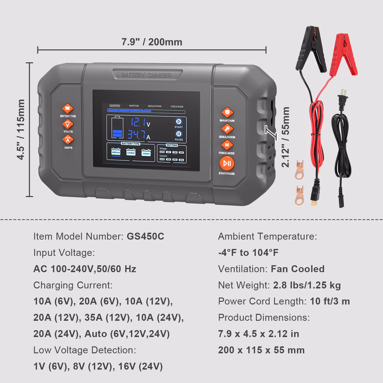 VEVOR Smart Battery Charger, 35-Amp, Lithium LiFePO4 Lead-Acid Car Battery Charger With LCD Display, Trickle Charger Maintainer Desulfator For Boat Motorcycle Lawn Mower Deep Cycle
