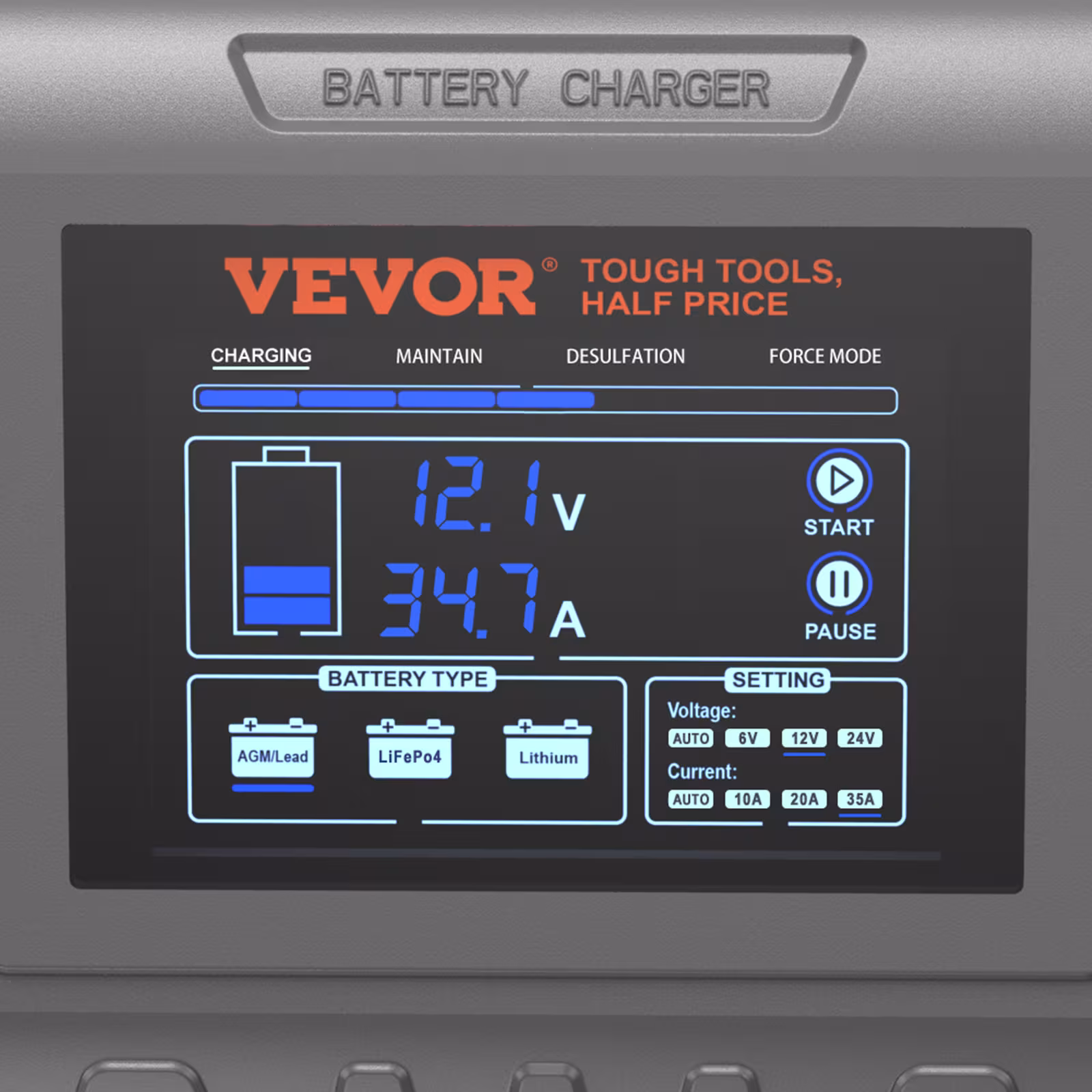 VEVOR Smart Battery Charger, 35-Amp, Lithium LiFePO4 Lead-Acid Car Battery Charger With LCD Display, Trickle Charger Maintainer Desulfator For Boat Motorcycle Lawn Mower Deep Cycle