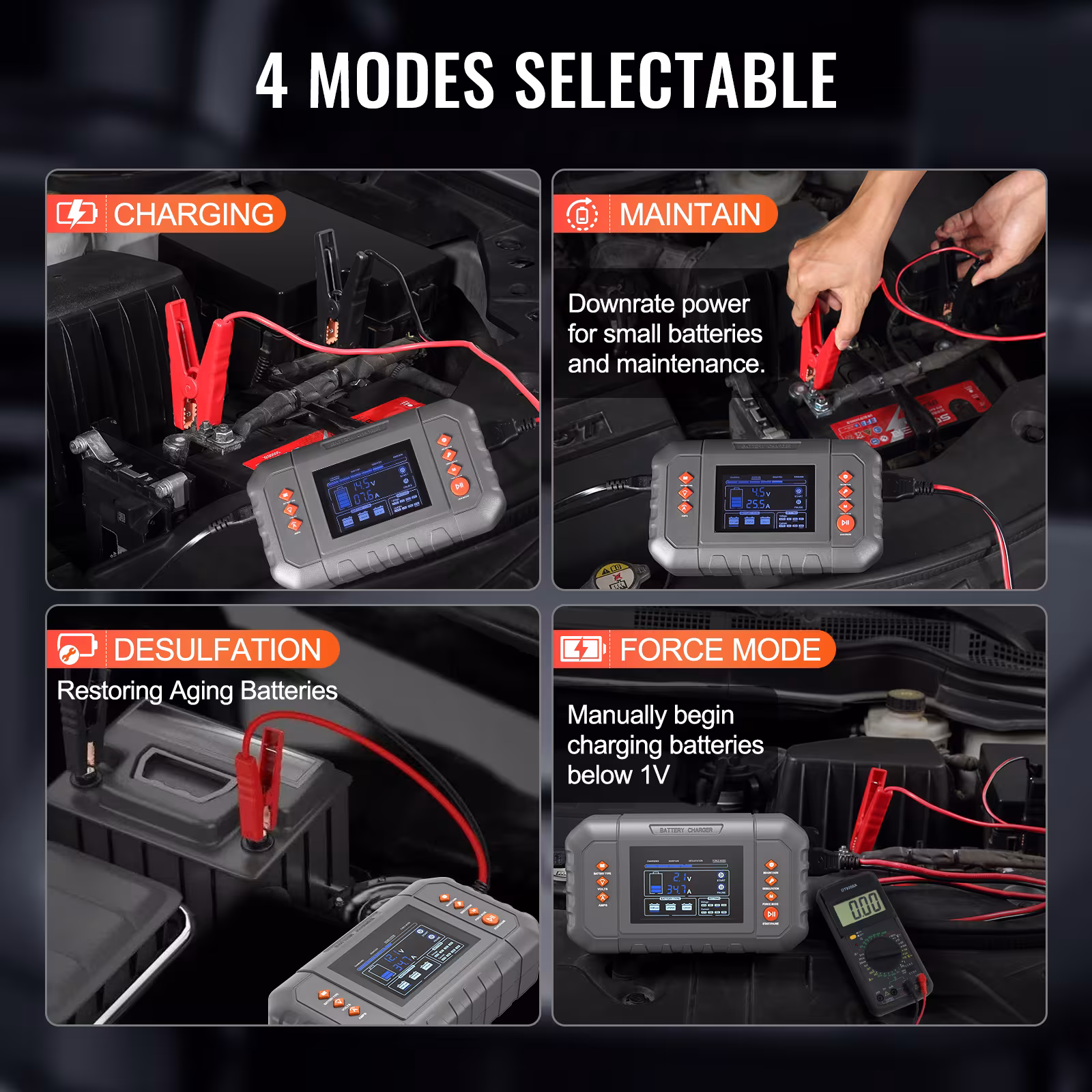 VEVOR Smart Battery Charger, 35-Amp, Lithium LiFePO4 Lead-Acid Car Battery Charger With LCD Display, Trickle Charger Maintainer Desulfator For Boat Motorcycle Lawn Mower Deep Cycle