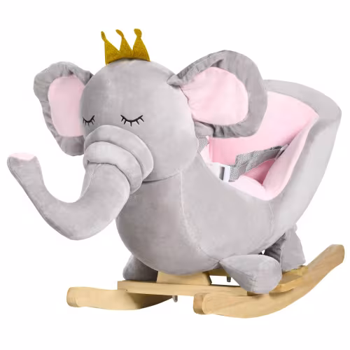 Qaba Baby Rocking Horse Elephant Rocking Chair Toddler Rocker Toy With Sound Wooden Base Seat Safety Belt For 1.5-3 Year Old, Gray