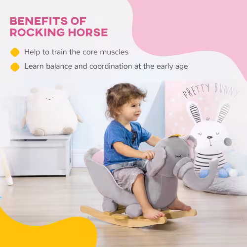 Qaba Baby Rocking Horse Elephant Rocking Chair Toddler Rocker Toy With Sound Wooden Base Seat Safety Belt For 1.5-3 Year Old, Gray