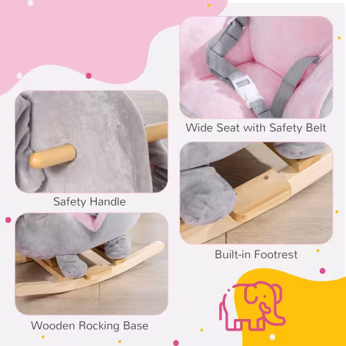 Qaba Baby Rocking Horse Elephant Rocking Chair Toddler Rocker Toy With Sound Wooden Base Seat Safety Belt For 1.5-3 Year Old, Gray