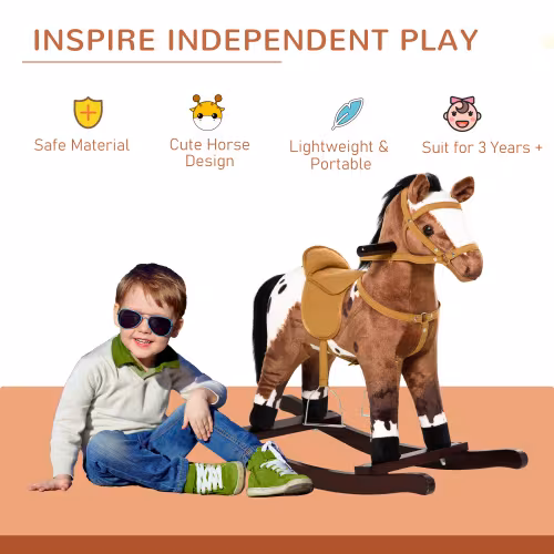 Qaba Kids Metal Plush Ride-On Rocking Horse Chair Toy With Realistic Sounds - Dark Brown White