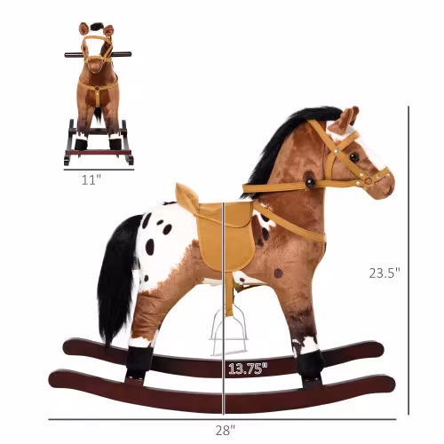 Qaba Kids Metal Plush Ride-On Rocking Horse Chair Toy With Realistic Sounds - Dark Brown White