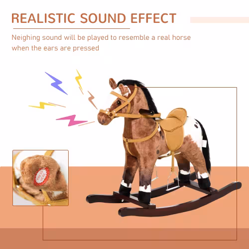 Qaba Kids Metal Plush Ride-On Rocking Horse Chair Toy With Realistic Sounds - Dark Brown White