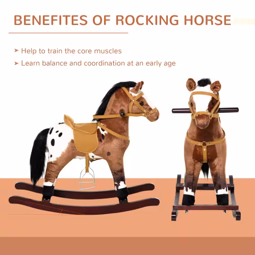 Qaba Kids Metal Plush Ride-On Rocking Horse Chair Toy With Realistic Sounds - Dark Brown White