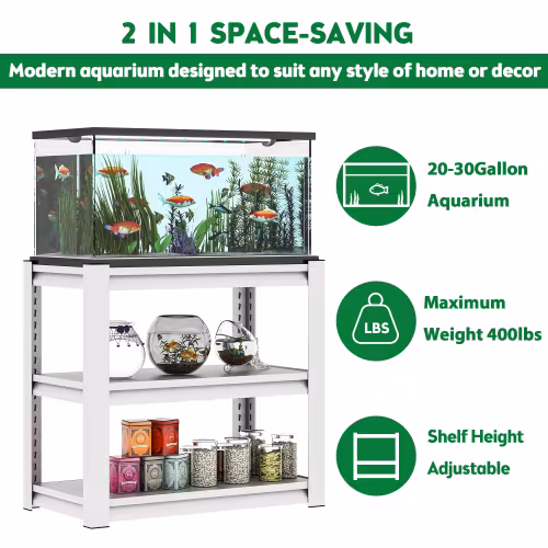20-30 Gallon Fish Tank Stand - Metal Aquarium Stand, 34 W X 18 D X 31H Adjustable Heavy Duty Reptile Tank Stand, Adjustable 3-Tier Fish Tank Rack Shelf For Home Office, Tank Not Included