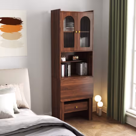Fold-Out Convertible Writing Table, Desk Cabinet With Shelf And Drawer Multi-Function Home Office Workstation