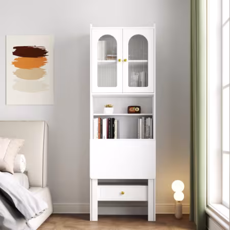 Fold-Out Convertible Writing Table, Desk Cabinet With Shelf And Drawer Multi-Function Home Office Workstation