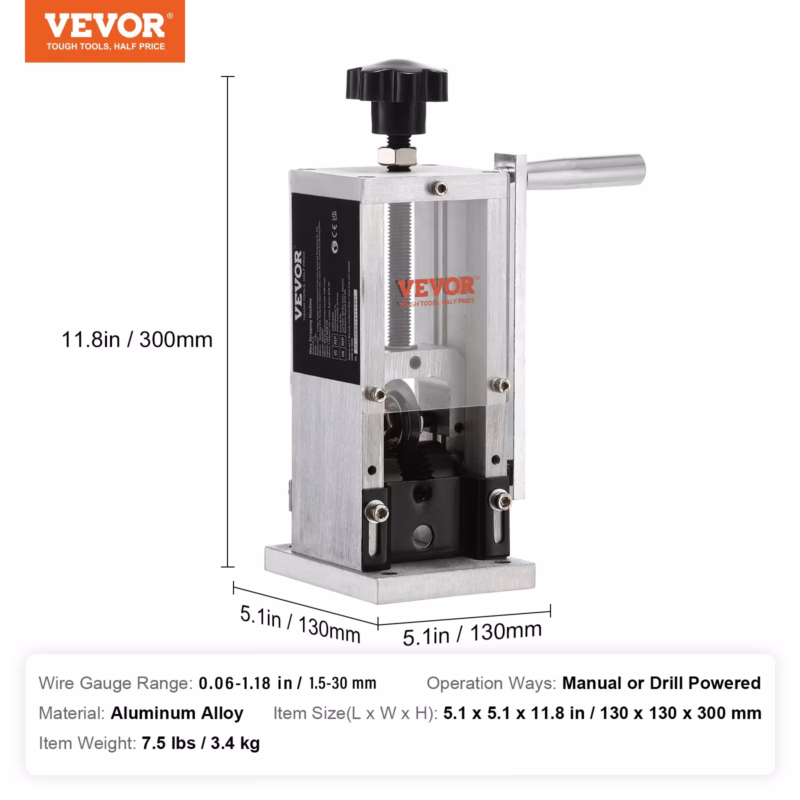 VEVOR Manual Wire Stripping Machine, Copper Stripper With Hand Crank Or Drill Powered, Visible Stripping Depth Reference, Portable Aluminum Frame Wire Peeler For Scrap Copper Recycling