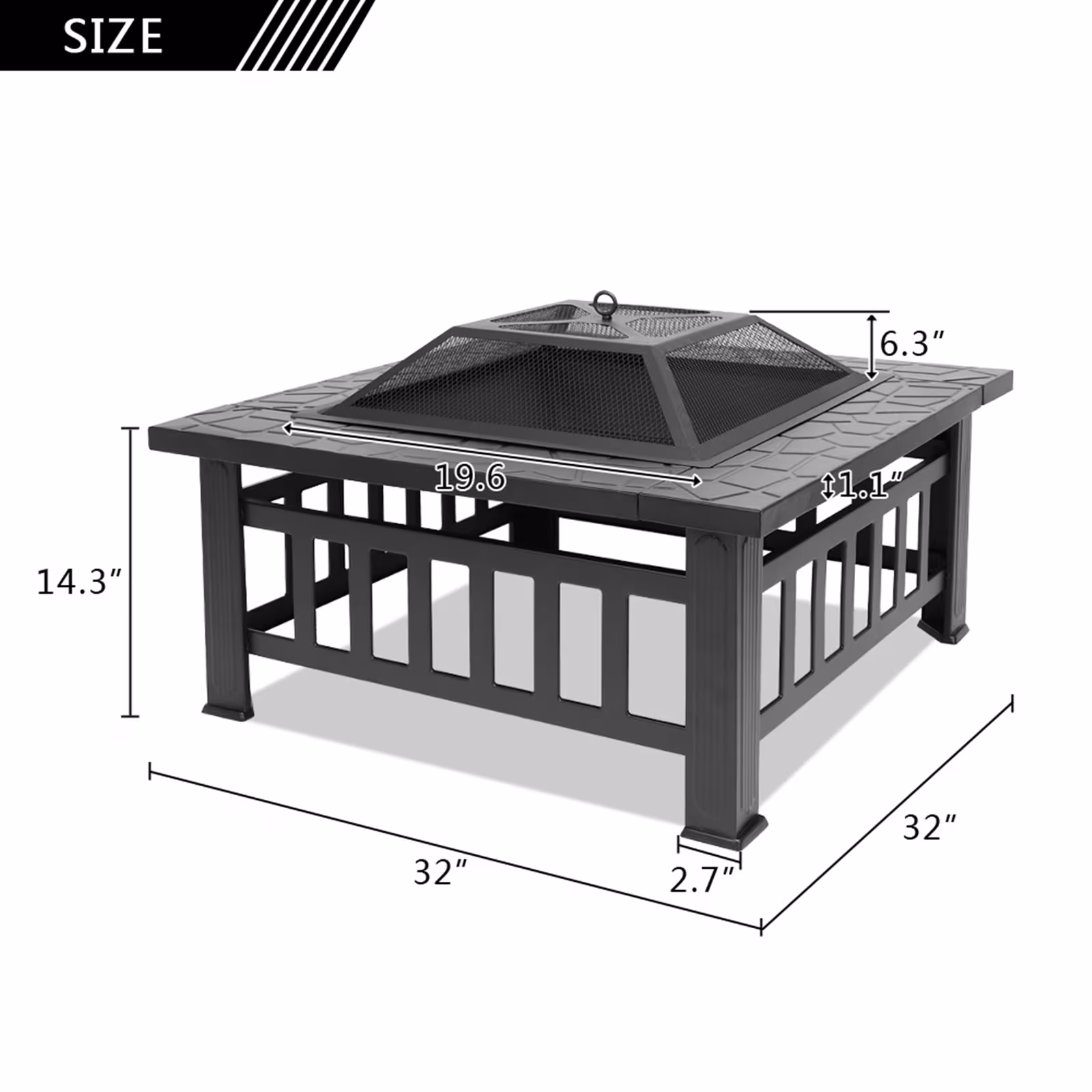 32 Inch Wrought Iron Square Black Firewood Brazier