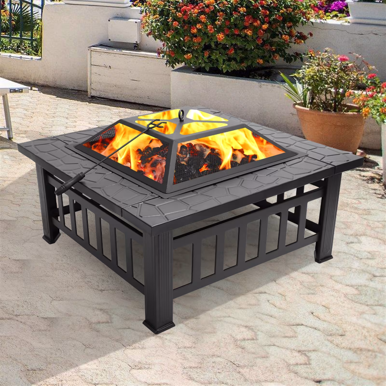 32 Inch Wrought Iron Square Black Firewood Brazier