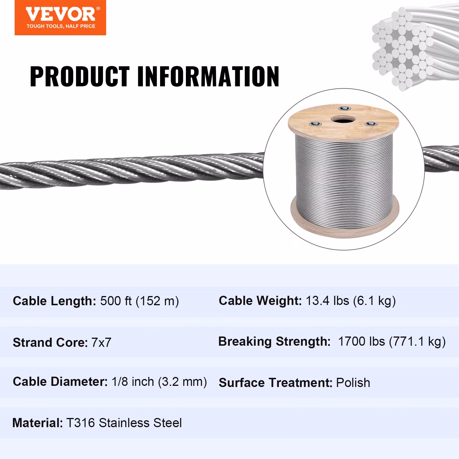 VEVOR Stainless Steel Cable Railing 500ft, Wire Rope 316 Marine Grade, Braided Cable 7x7 Strands Construction For Deck Rail Balusters Stair Handrail Porch Fence