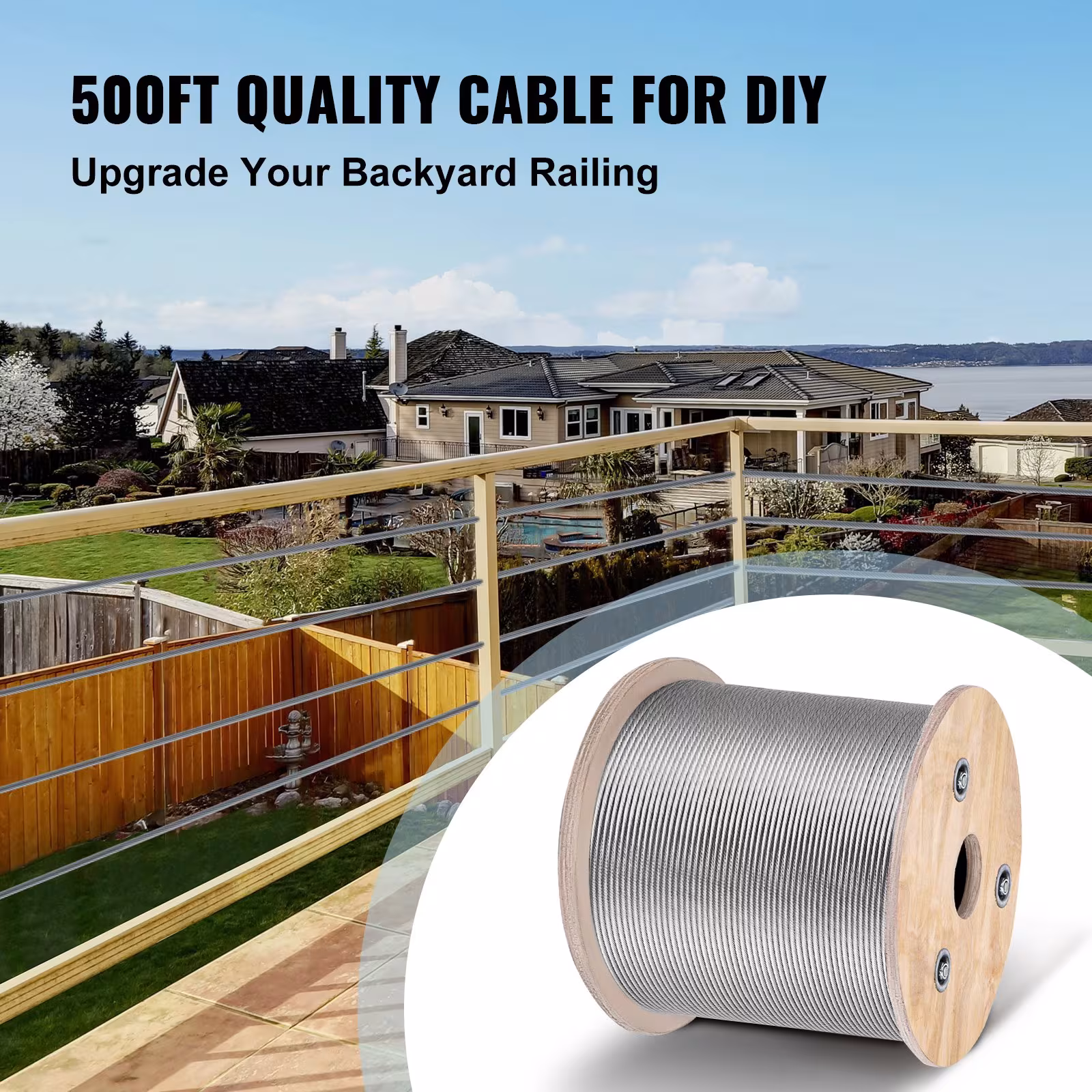 VEVOR Stainless Steel Cable Railing 500ft, Wire Rope 316 Marine Grade, Braided Cable 7x7 Strands Construction For Deck Rail Balusters Stair Handrail Porch Fence