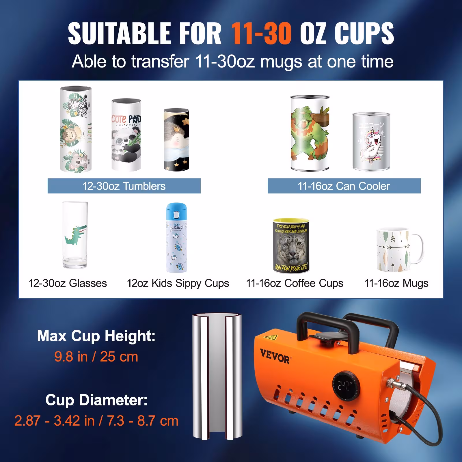 VEVOR Mug Heat Press Machine, 30oz Tumbler Heat Press, Sublimation Transfer 11-15oz 16-25oz 30oz Straight Skinny Tumblers, Cup Heat Press With Heat-resist Gloves, Tape, DIY Ceramic Mugs Glasses