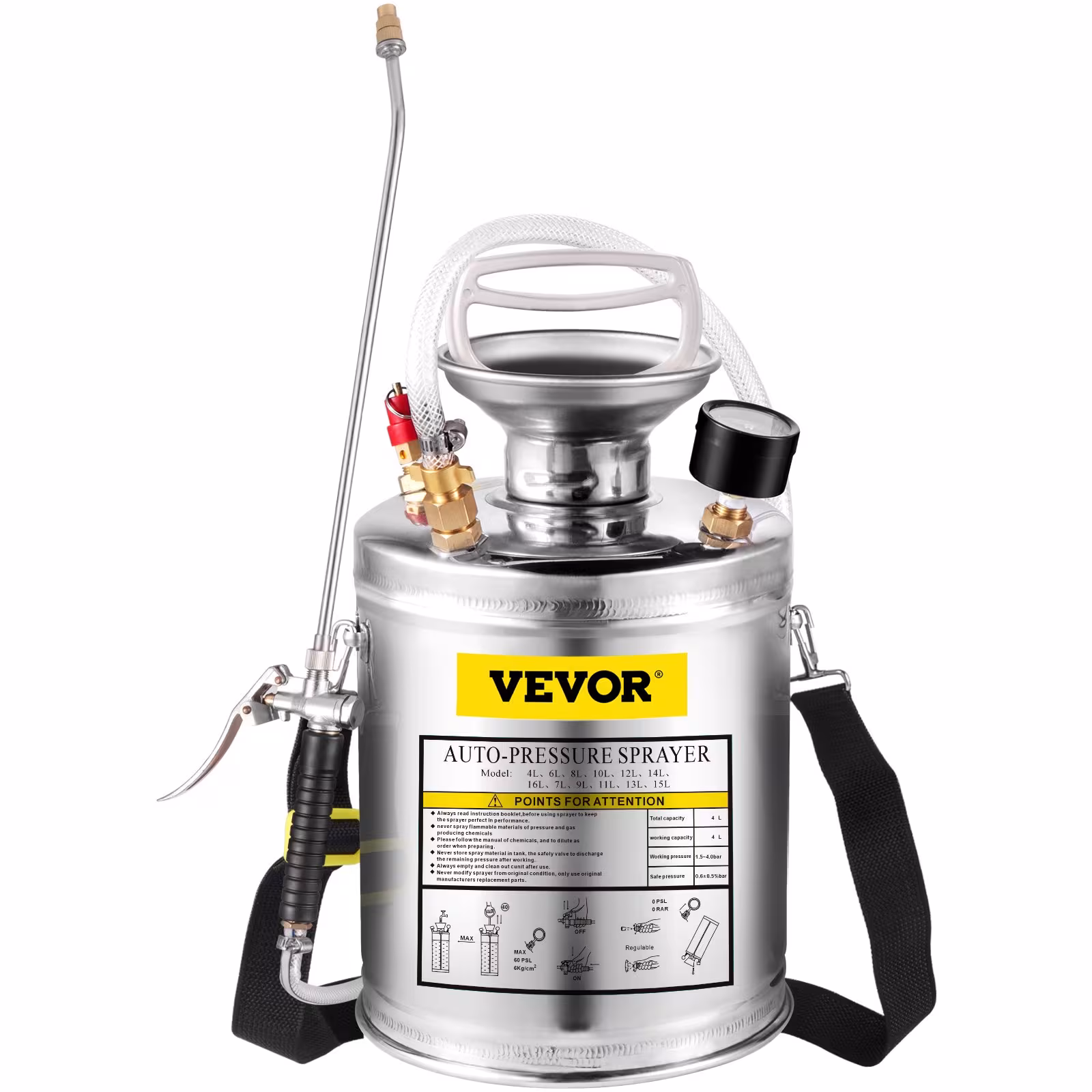 VEVOR 1Gal Stainless Steel, Set With 12Wand Handle 3FT Reinforced Hose, Hand Pump Sprayer With Pressure Gauge&Safety Valve, Adjustable Nozzle Suitable For Gardening And Sanitizing, Silver