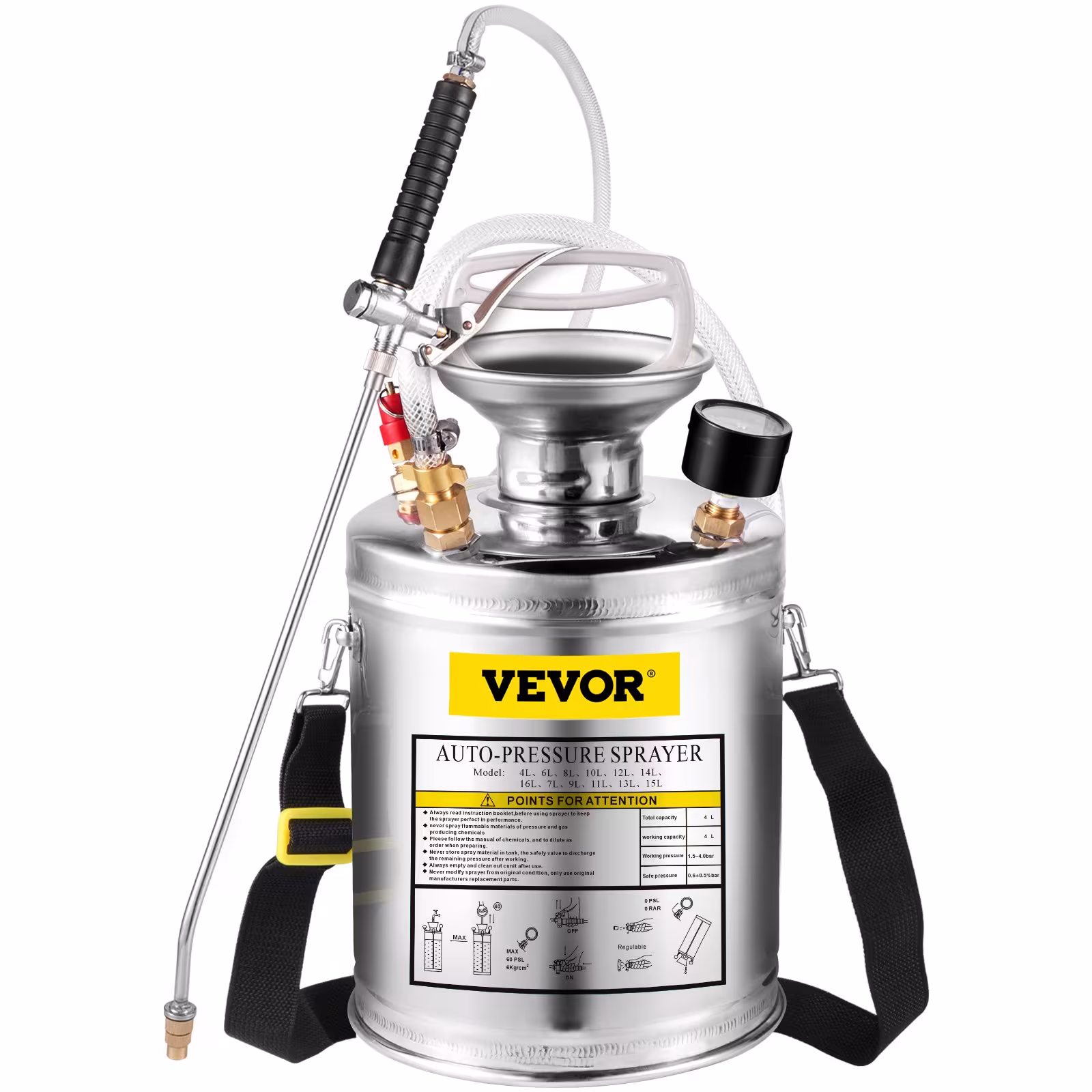 VEVOR 1Gal Stainless Steel, Set With 12Wand Handle 3FT Reinforced Hose, Hand Pump Sprayer With Pressure Gauge&Safety Valve, Adjustable Nozzle Suitable For Gardening And Sanitizing, Silver