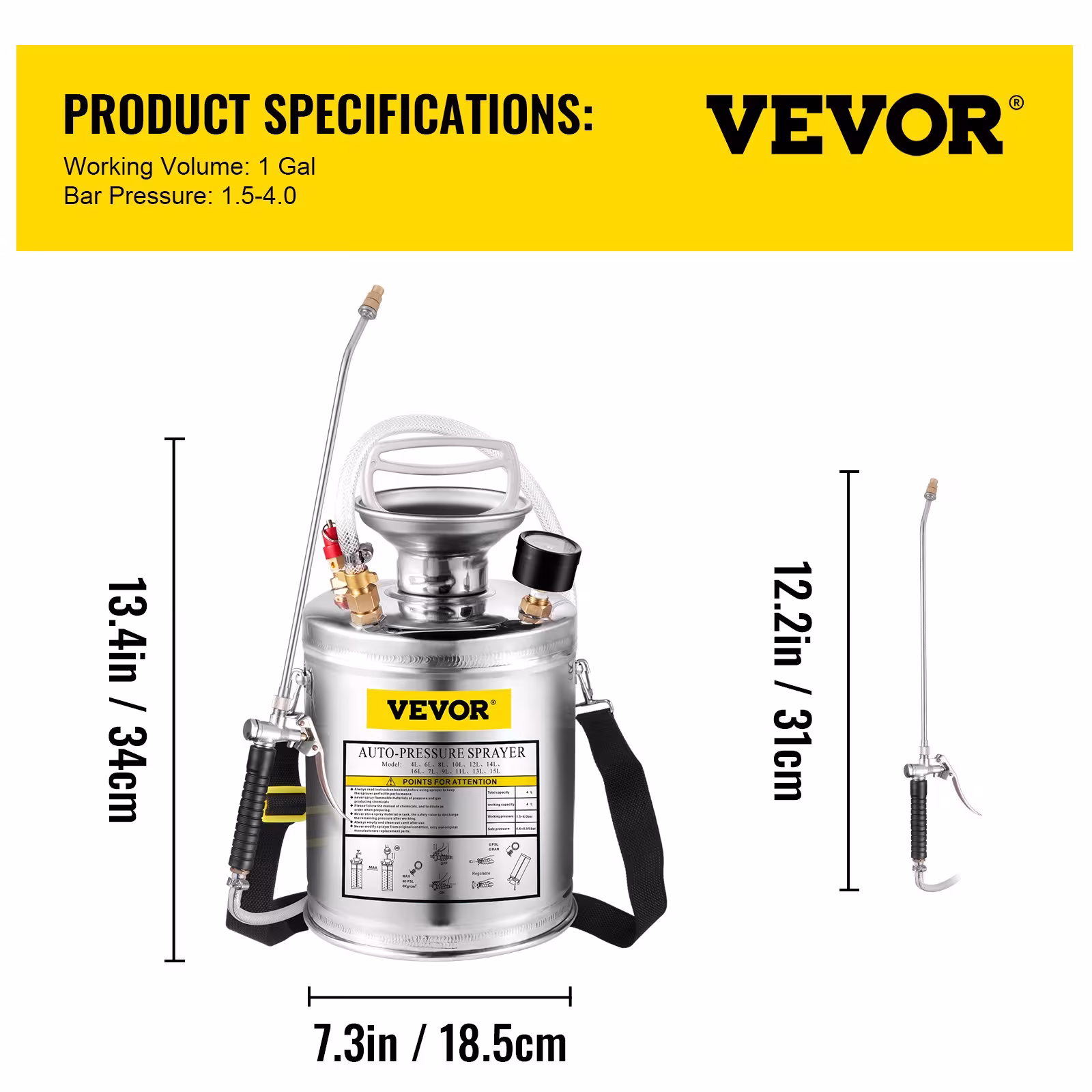 VEVOR 1Gal Stainless Steel, Set With 12Wand Handle 3FT Reinforced Hose, Hand Pump Sprayer With Pressure Gauge&Safety Valve, Adjustable Nozzle Suitable For Gardening And Sanitizing, Silver
