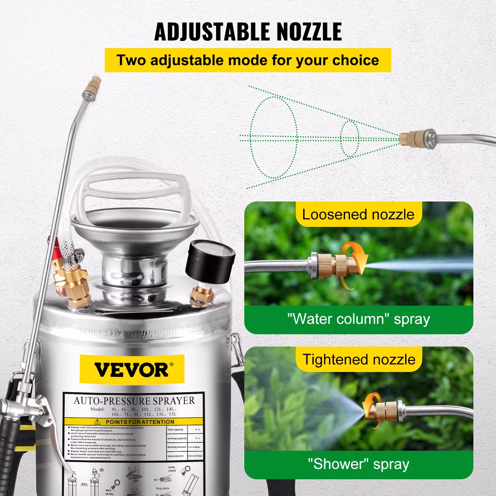 VEVOR 1Gal Stainless Steel, Set With 12Wand Handle 3FT Reinforced Hose, Hand Pump Sprayer With Pressure Gauge&Safety Valve, Adjustable Nozzle Suitable For Gardening And Sanitizing, Silver