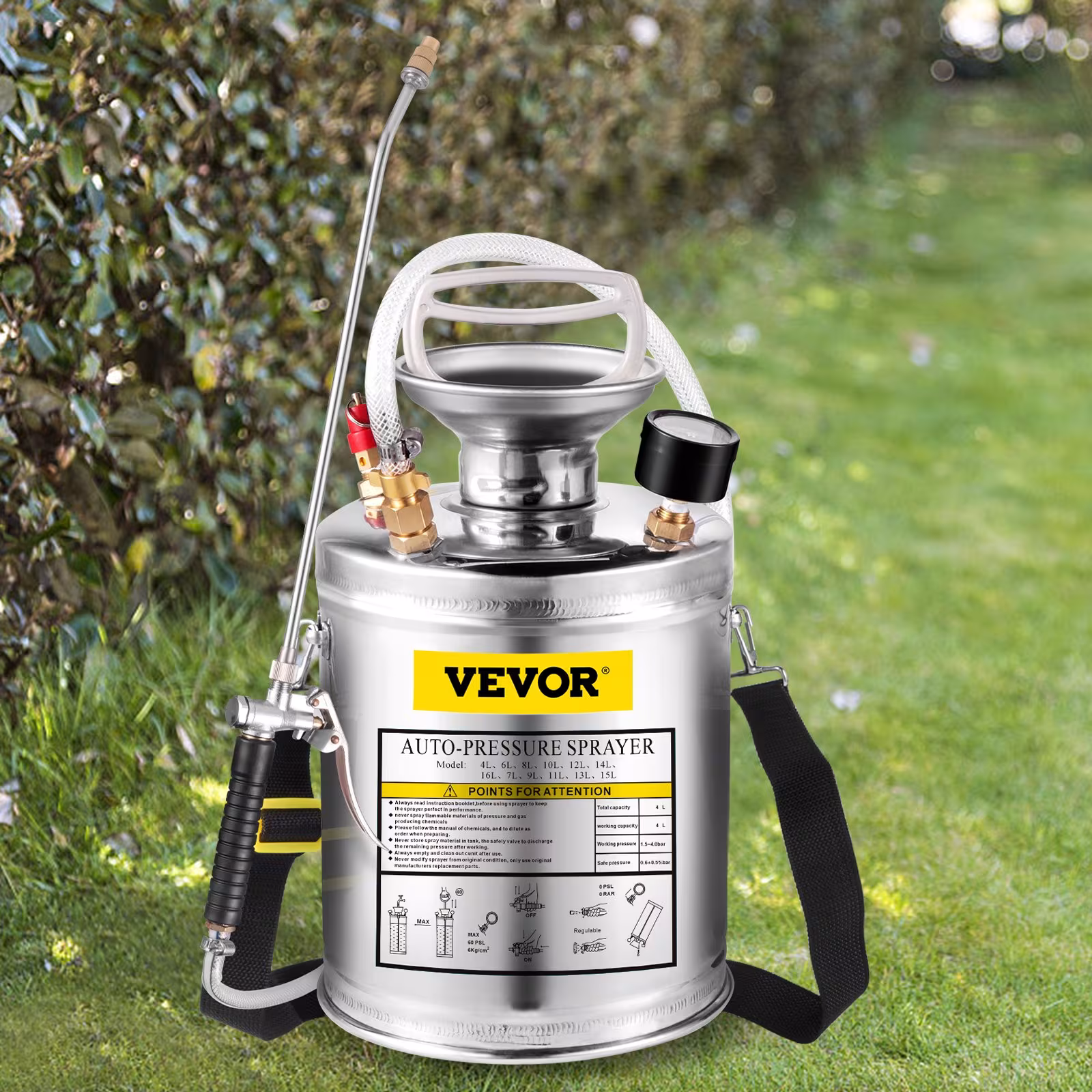 VEVOR 1Gal Stainless Steel, Set With 12Wand Handle 3FT Reinforced Hose, Hand Pump Sprayer With Pressure Gauge&Safety Valve, Adjustable Nozzle Suitable For Gardening And Sanitizing, Silver