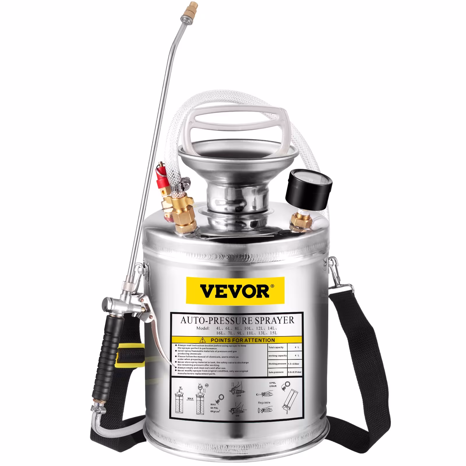 VEVOR 1Gal Stainless Steel, Set With 12Wand Handle 3FT Reinforced Hose, Hand Pump Sprayer With Pressure Gauge&Safety Valve, Adjustable Nozzle Suitable For Gardening And Sanitizing, Silver