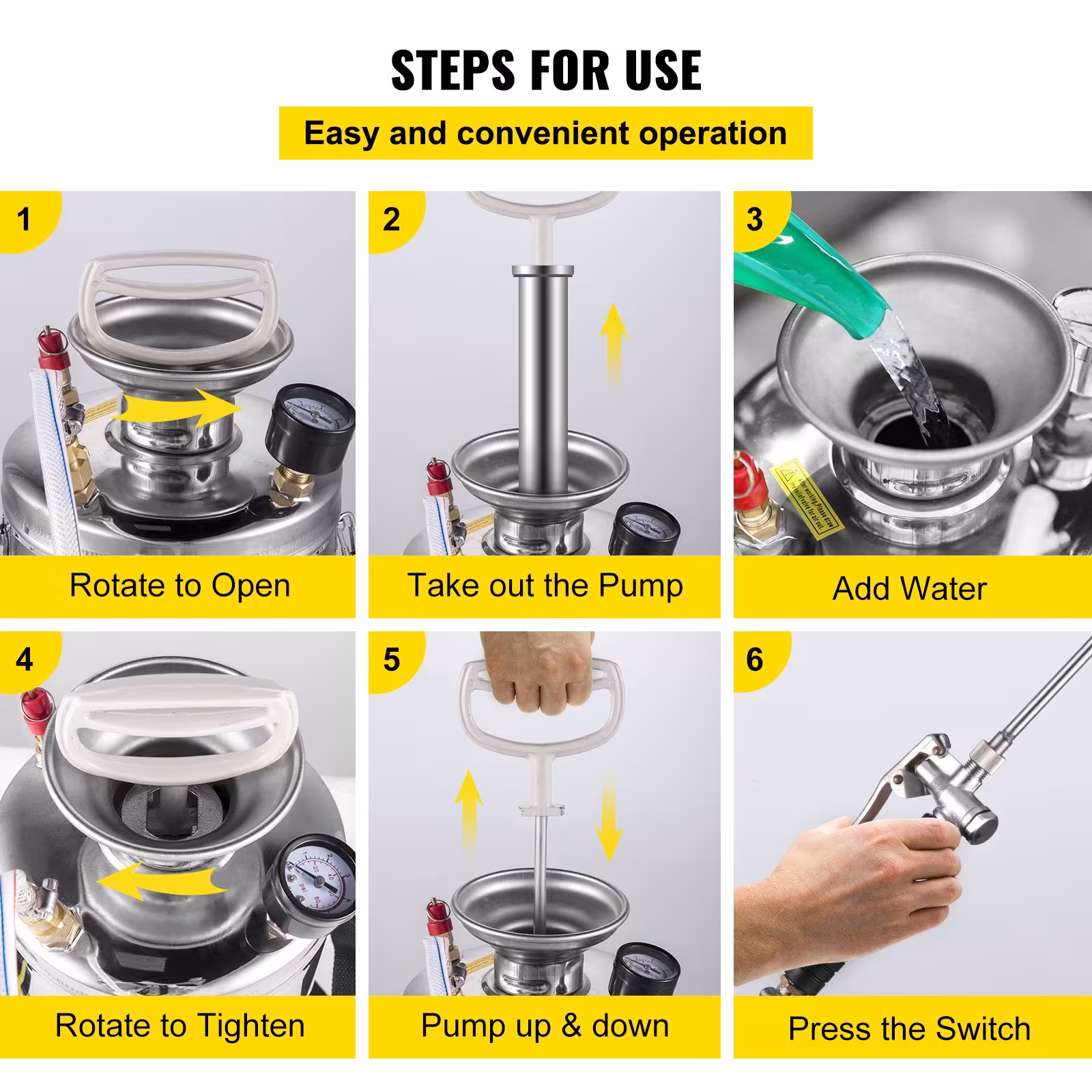 VEVOR 1Gal Stainless Steel, Set With 12Wand Handle 3FT Reinforced Hose, Hand Pump Sprayer With Pressure Gauge&Safety Valve, Adjustable Nozzle Suitable For Gardening And Sanitizing, Silver
