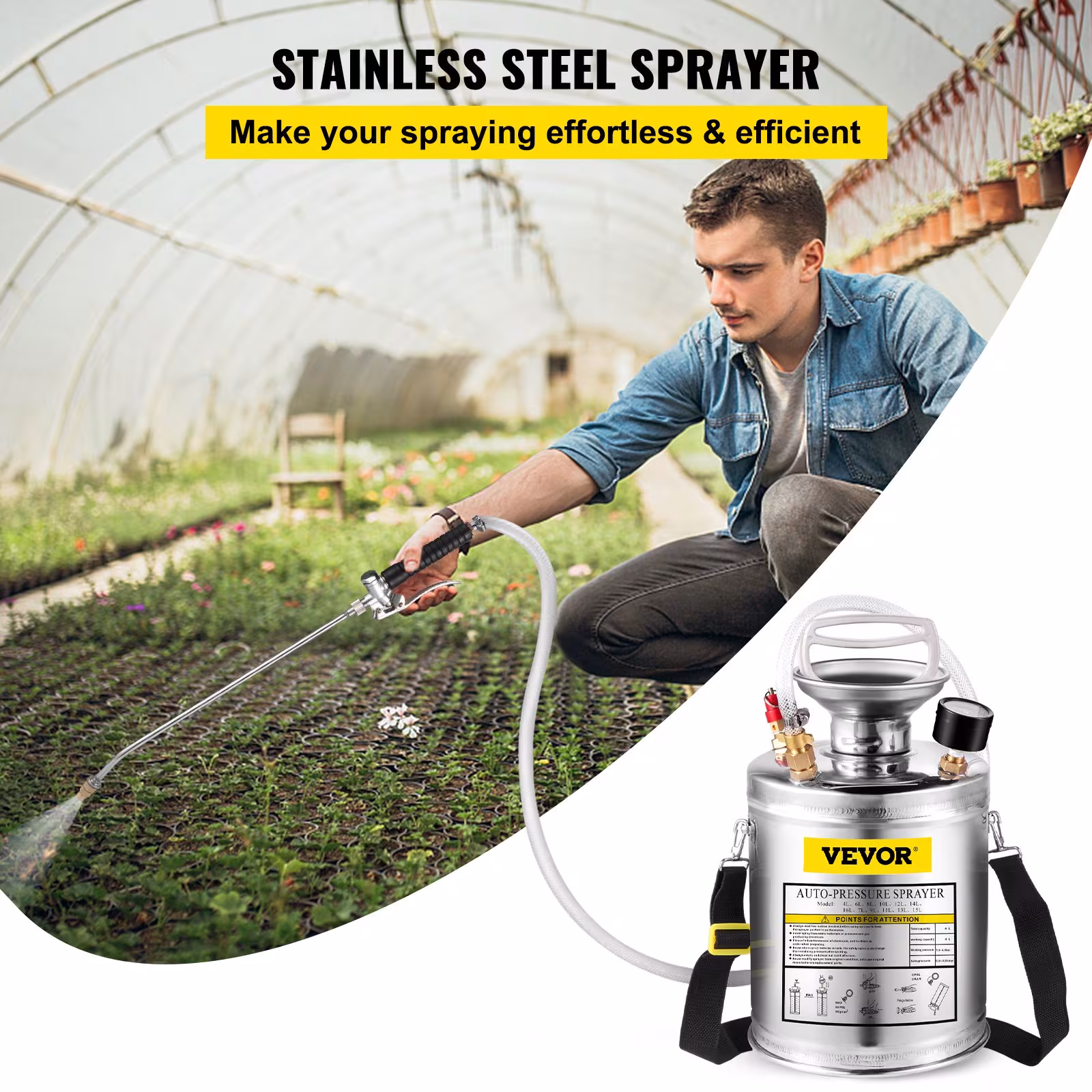 VEVOR 1Gal Stainless Steel, Set With 12Wand Handle 3FT Reinforced Hose, Hand Pump Sprayer With Pressure Gauge&Safety Valve, Adjustable Nozzle Suitable For Gardening And Sanitizing, Silver