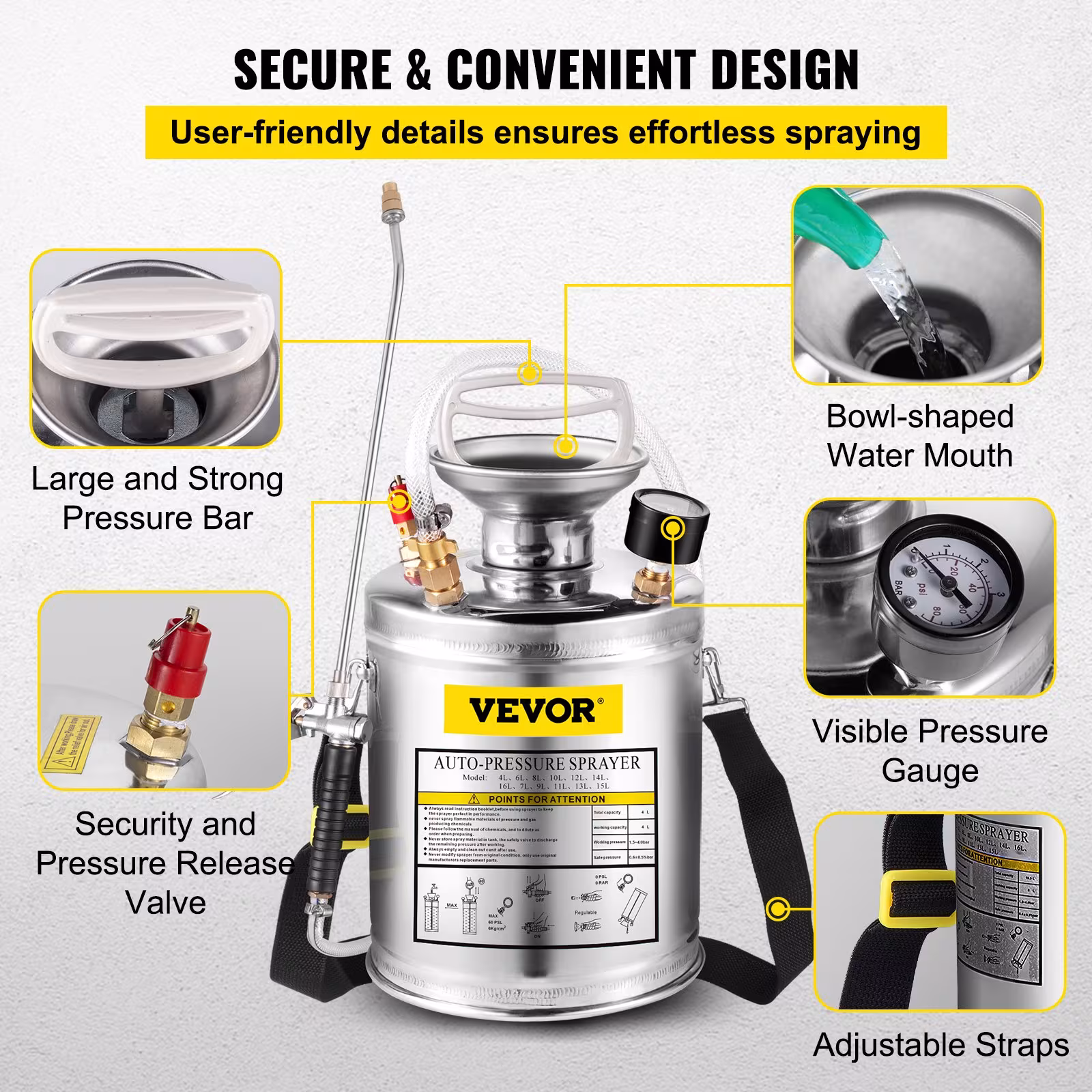 VEVOR 1Gal Stainless Steel, Set With 12Wand Handle 3FT Reinforced Hose, Hand Pump Sprayer With Pressure Gauge&Safety Valve, Adjustable Nozzle Suitable For Gardening And Sanitizing, Silver