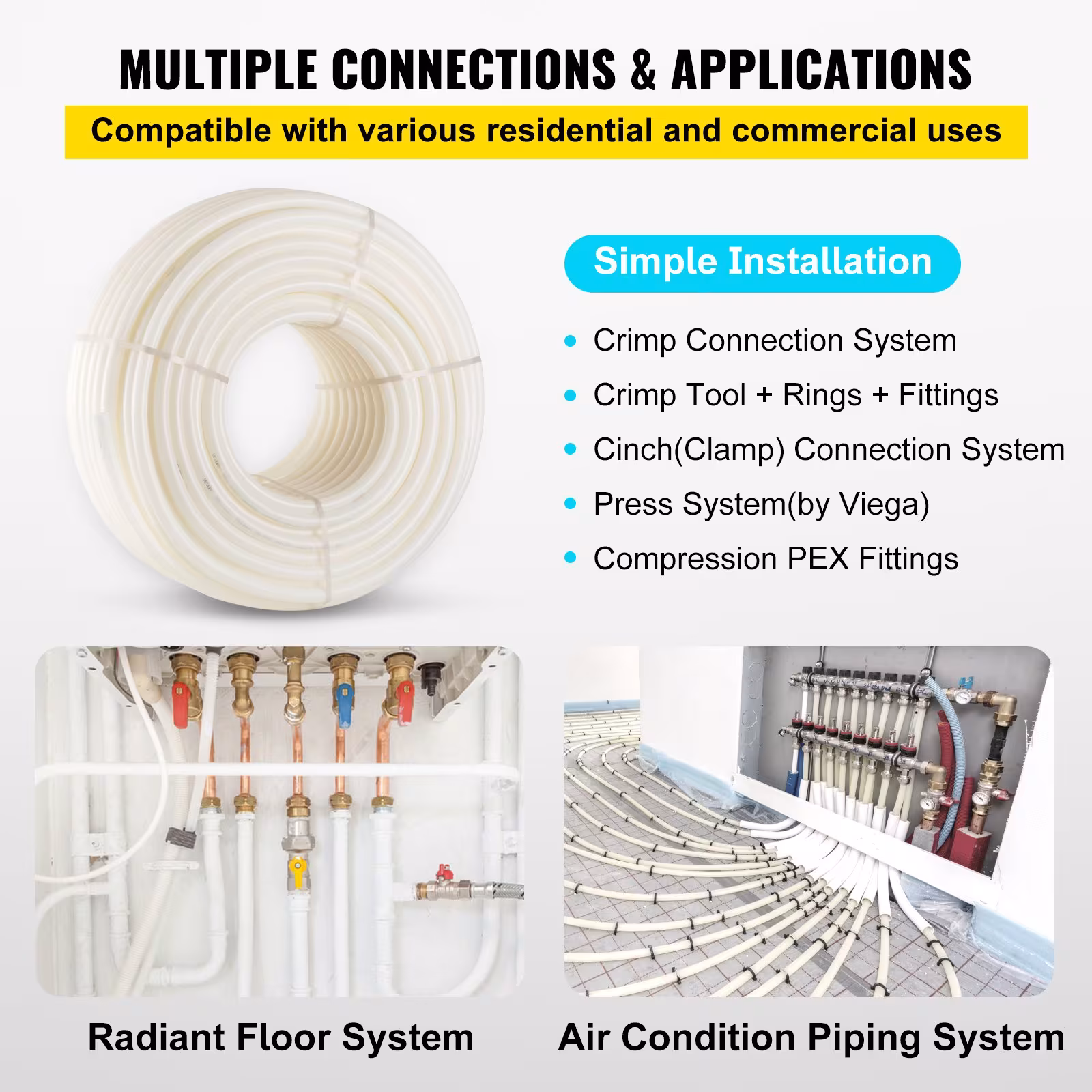 VEVOR PEX Pipe, 1 Inch X 500 FT PEX Tubing, Non Oxygen Barrier White PEX-B Pipe, Flexible PEX Water Line For RV Sewer Hose, Plumbing, Radiant Heating