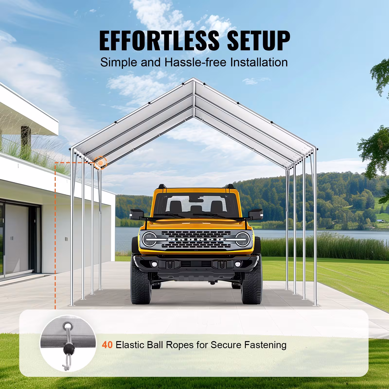 VEVOR 10 X 20 Ft Carport Replacement Canopy Cover, Garage Top Tent Shelter Tarp Heavy-Duty Waterproof & UV Protected, Easy Installation With 40 Ball Bungeess Only Top Cover, Frame Not Include, White
