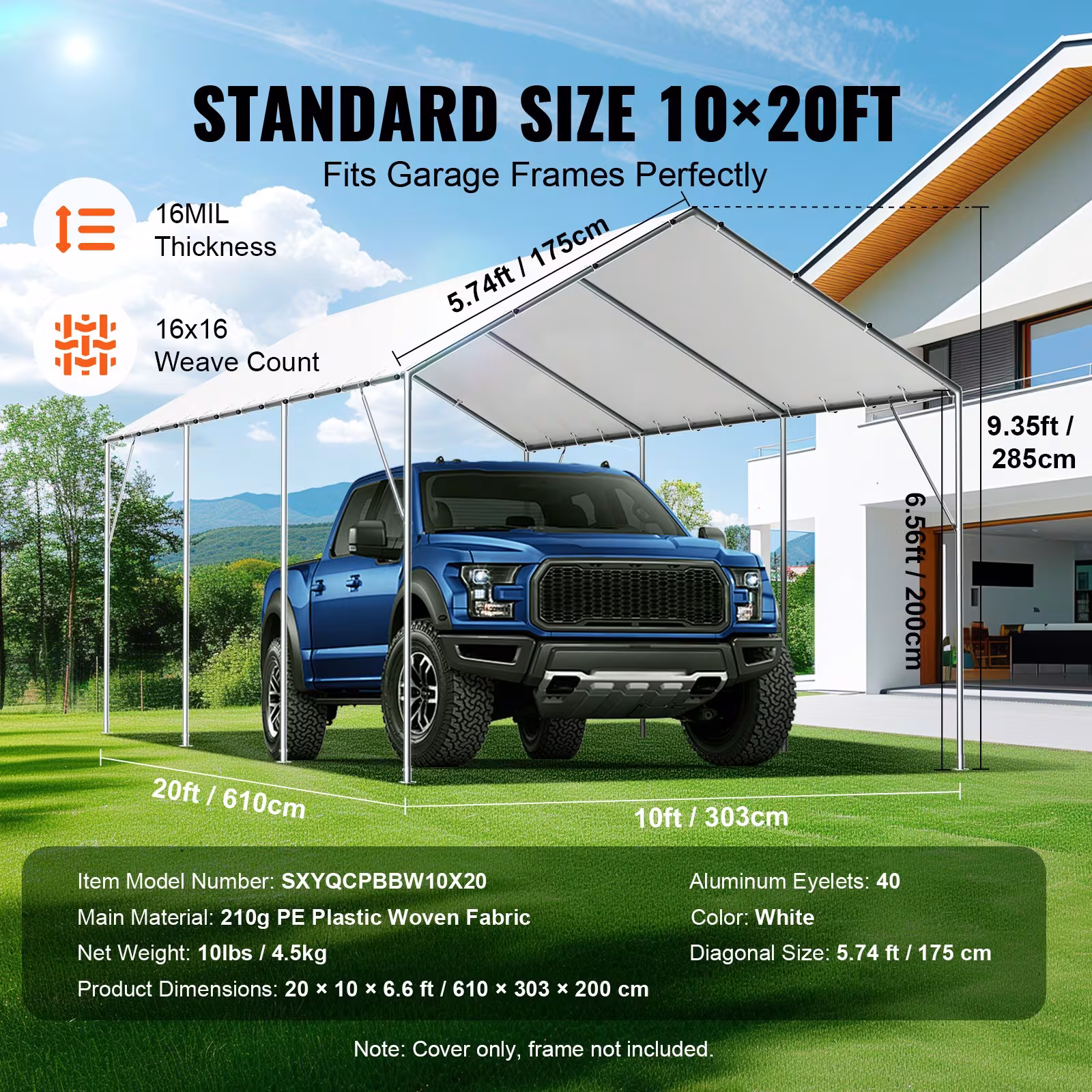 VEVOR 10 X 20 Ft Carport Replacement Canopy Cover, Garage Top Tent Shelter Tarp Heavy-Duty Waterproof & UV Protected, Easy Installation With 40 Ball Bungeess Only Top Cover, Frame Not Include, White