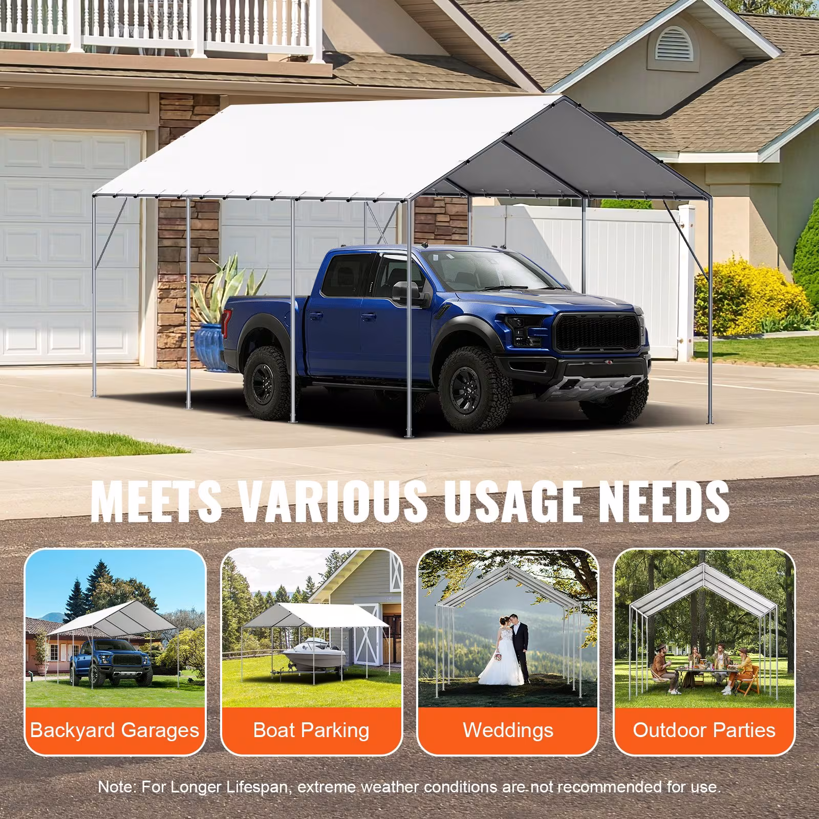 VEVOR 10 X 20 Ft Carport Replacement Canopy Cover, Garage Top Tent Shelter Tarp Heavy-Duty Waterproof & UV Protected, Easy Installation With 40 Ball Bungeess Only Top Cover, Frame Not Include, White