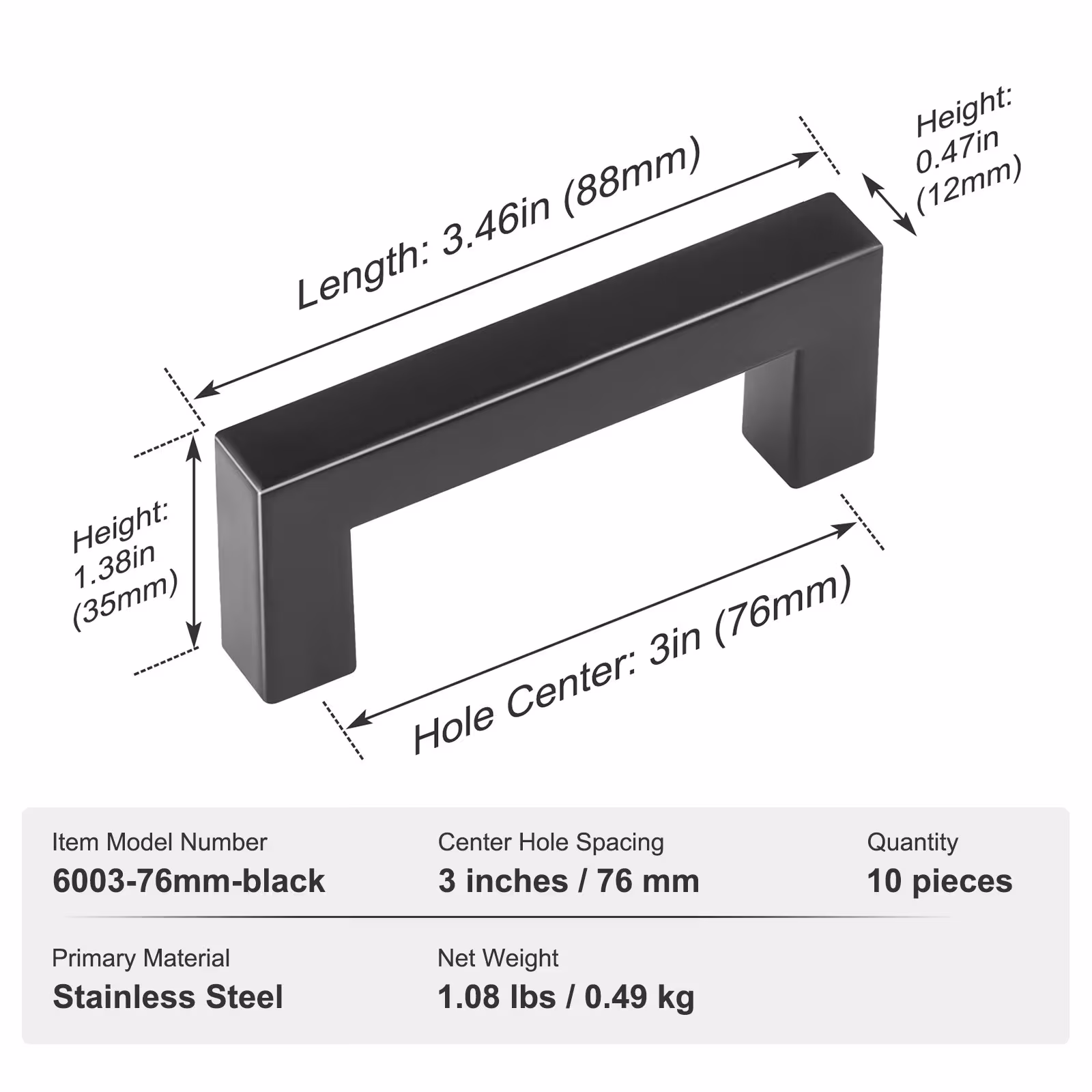VEVOR 10 Pack Cabinet Pulls, 3in 76mm Center To Center Slim Square Kitchen Cabinet Drawer, Stainless Steel Modern Kitchen Cupboard Door Handles For Kitchen Bathroom Bar Hardware Matte Black