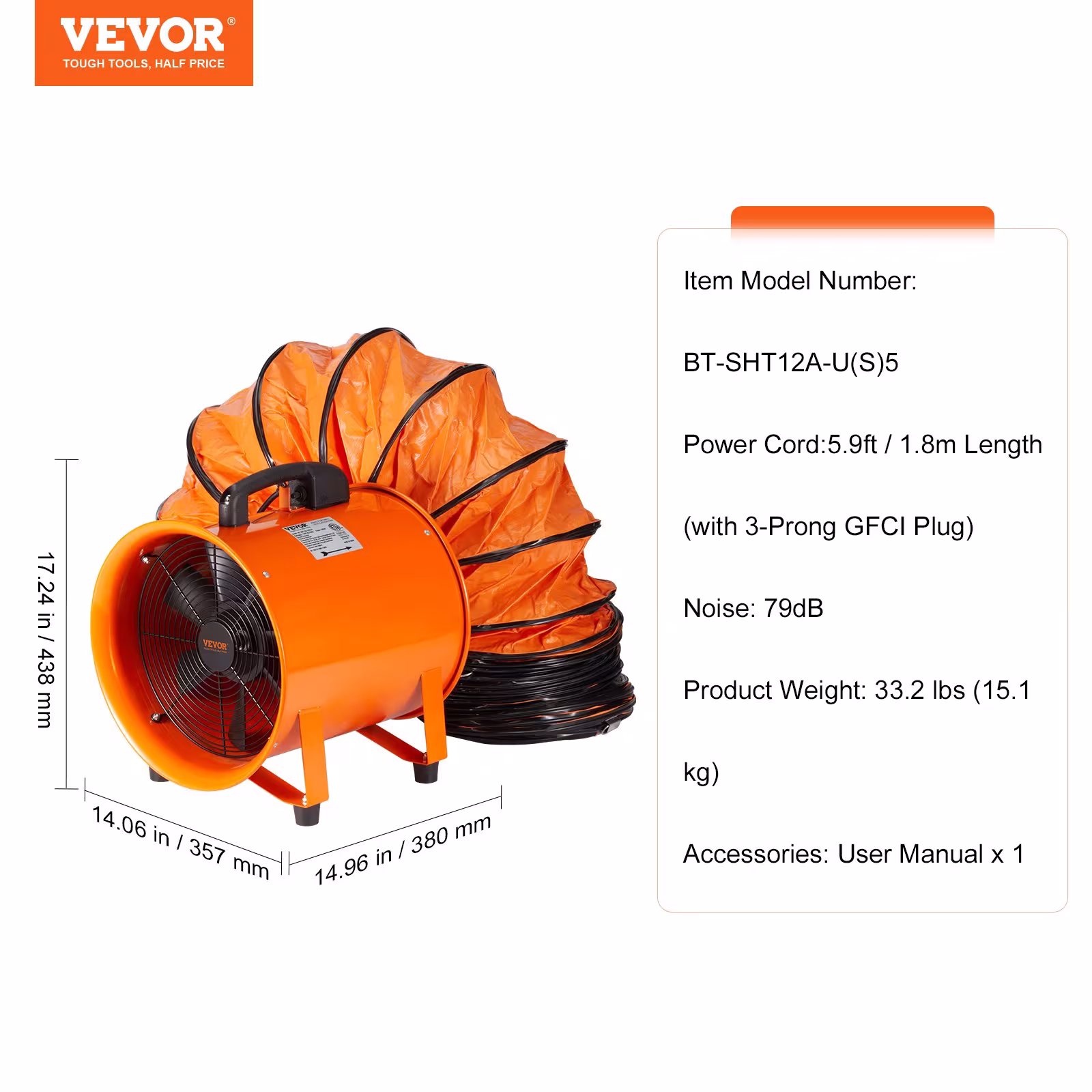 VEVOR Portable Ventilator, 12 Inch Heavy Duty Cylinder Fan With 16.4ft Duct Hose, 585W Strong Shop Exhaust Blower 3198CFM, Industrial Utility Blower For Sucking Dust, Smoke, Smoke Home Workplace