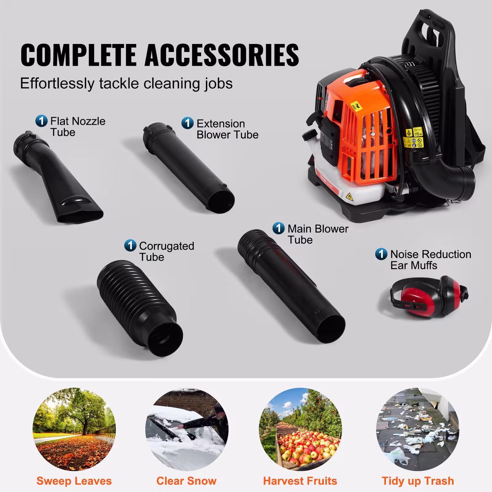 VEVOR Backpack Leaf Blower, 52CC 2-Cycle Leaf Blower With 1.37L Fuel Tank, 480CFM Air Volume 175MPH Speed, Ideal For Lawn Care, Leaf Cleaning, And Snow Removal