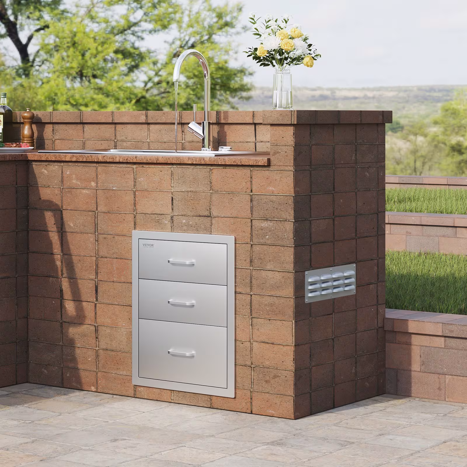 VEVOR 18x20.5 Inch Outdoor Kitchen Stainless Steel Triple Access BBQ Drawers With Chrome Handle, 18 X20.5 X 23 Inch