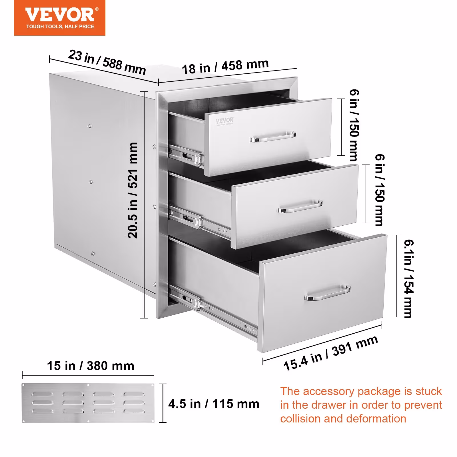 VEVOR 18x20.5 Inch Outdoor Kitchen Stainless Steel Triple Access BBQ Drawers With Chrome Handle, 18 X20.5 X 23 Inch