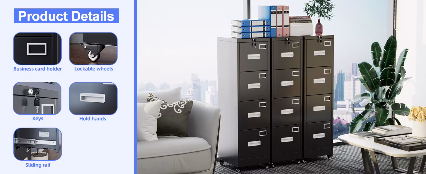 4 Drawer Vertical File Cabinet On Wheels, Lockable Office Files Storage Cabinet With Handle And Name Card,Mobile Storage Cabinet For Office And Home,Assembly Required,Black