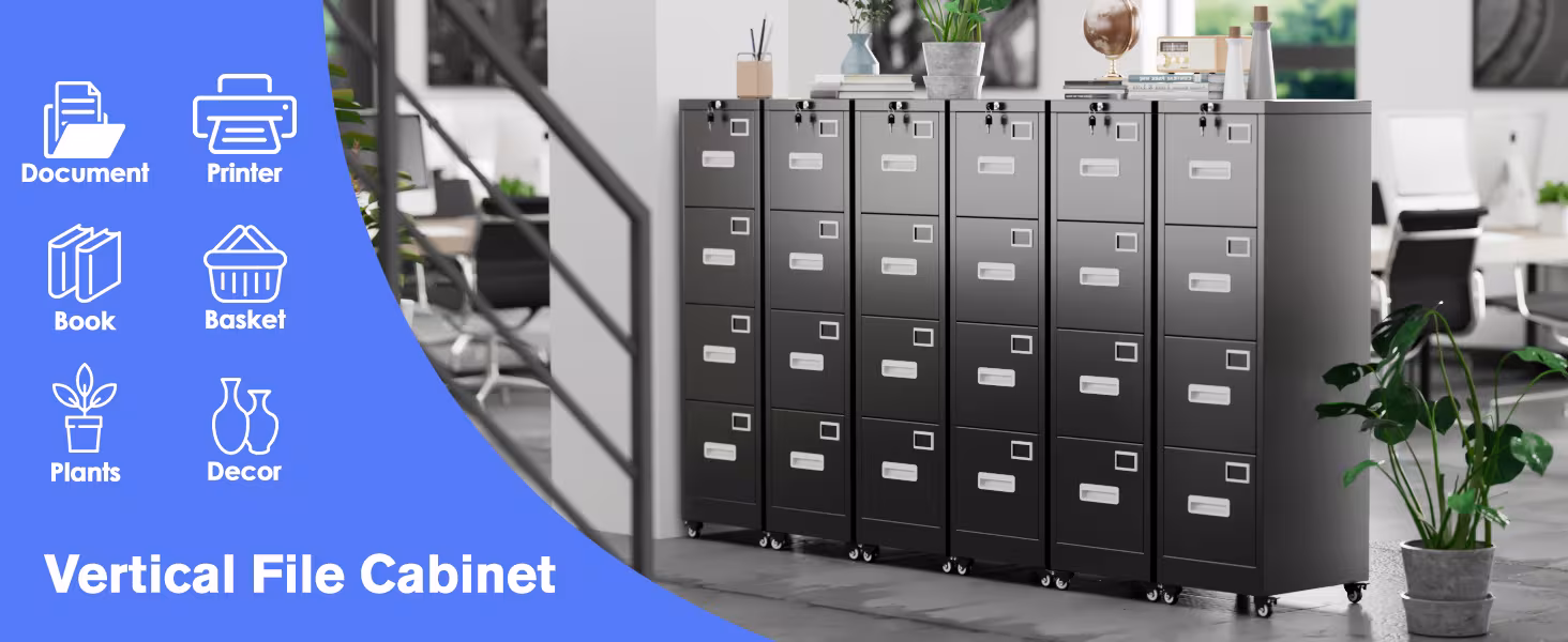 4 Drawer Vertical File Cabinet On Wheels, Lockable Office Files Storage Cabinet With Handle And Name Card,Mobile Storage Cabinet For Office And Home,Assembly Required,Black